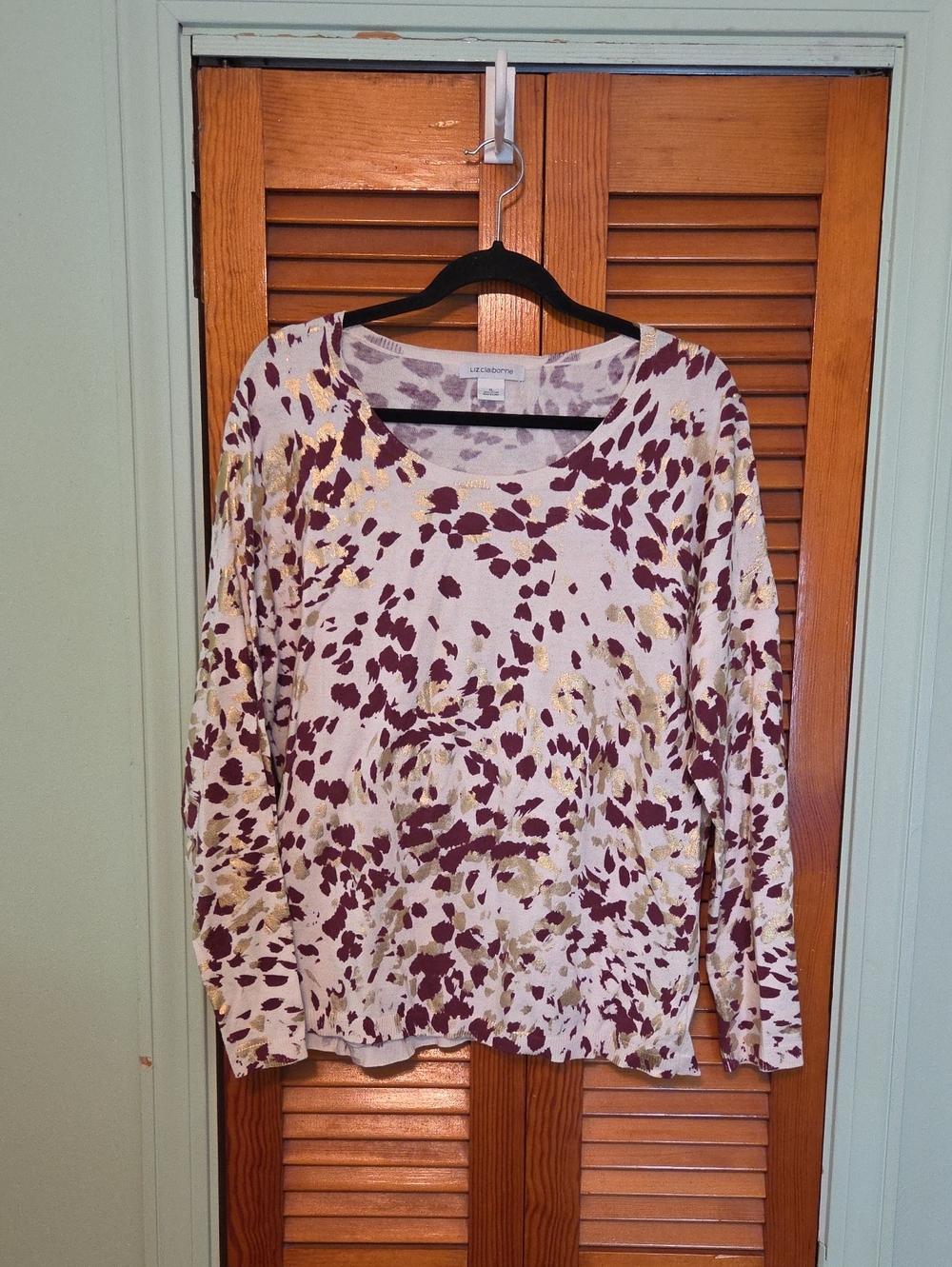 Liz Claiborne Cream Animal Print Long Sleeve Top with Burgundy and Gold Spots